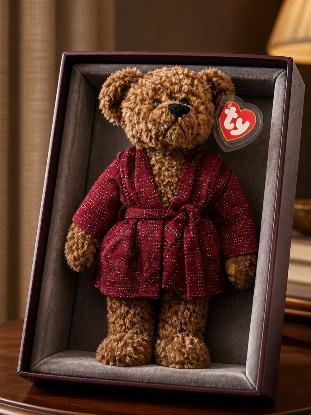 Ty Brown Teddy Bear in Burgundy Sparkle Robe